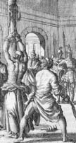 Engraving of men surrounding a prisoner in a vaulted setting.