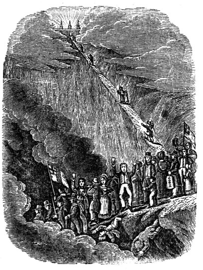 People ascending a steep stairway toward a city above the clouds