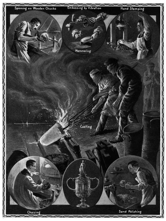 Illustrated stages of metalworking, including casting, hammering and polishing