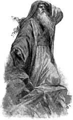 Illustration of a bearded man seated on a rock.