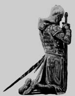 A kneeling armored soldier holds a sword.
