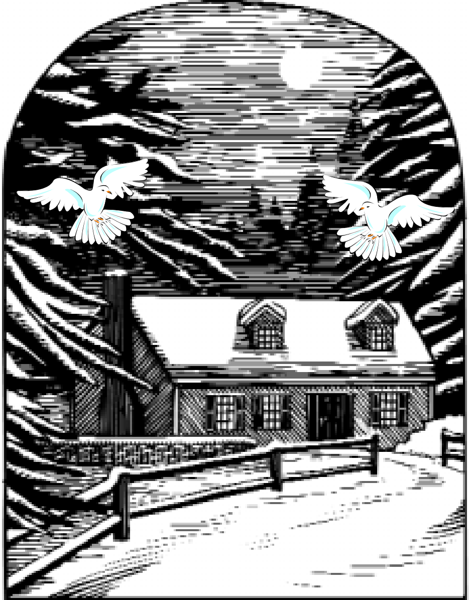 A snow-covered house among trees, with two white birds in flight.