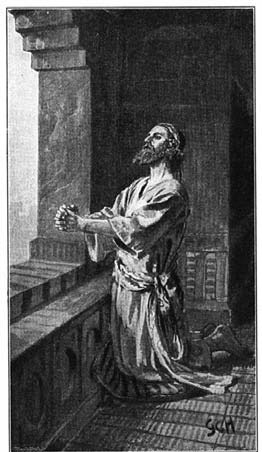 Grayscale illustration of a robed figure kneeling in prayer beside a stone building