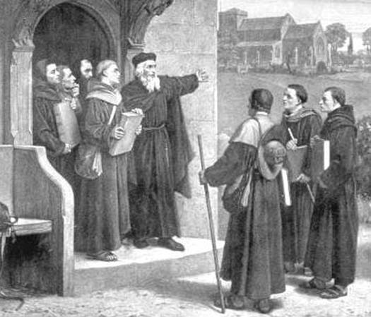 Historical illustration of Lollard evangelists preparing to travel