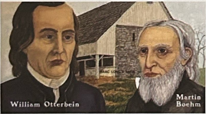 Illustration of William Otterbein and Martin Boehm with a barn behind them.
