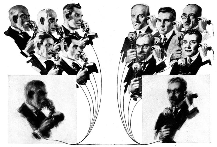 Collage of people using early telephones