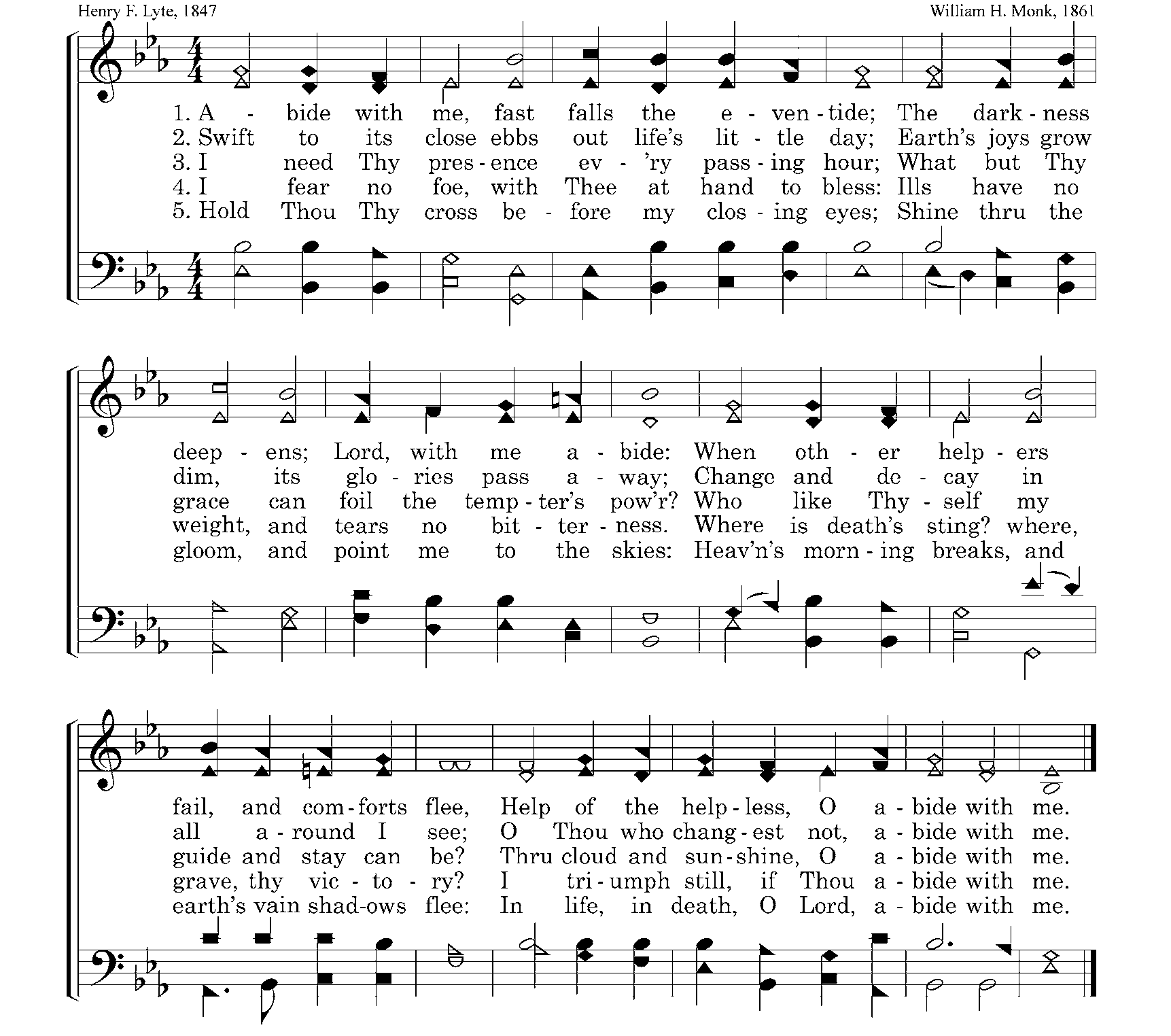 Sheet music for Abide With Me, Fast Falls the Eventide, credited to Henry F. Lyte, 1847, and William H. Monk, 1861